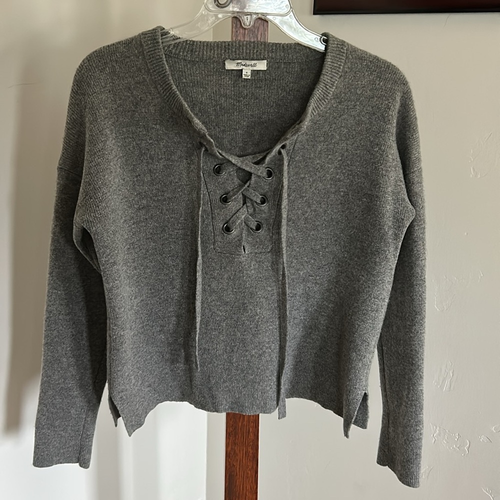 Madewell Gray 100% Merino‎ Wool Lace Up Pullover Sweater Women’s Size S